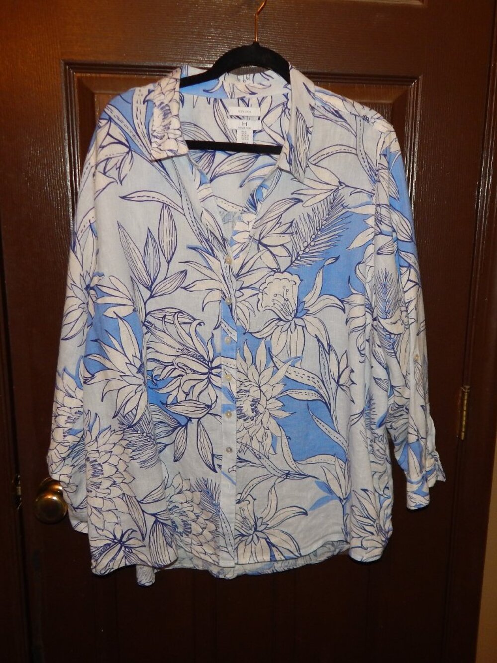 H Halston Womens 3X  100% Linen Button Up White Shirt Blue Tropical Print